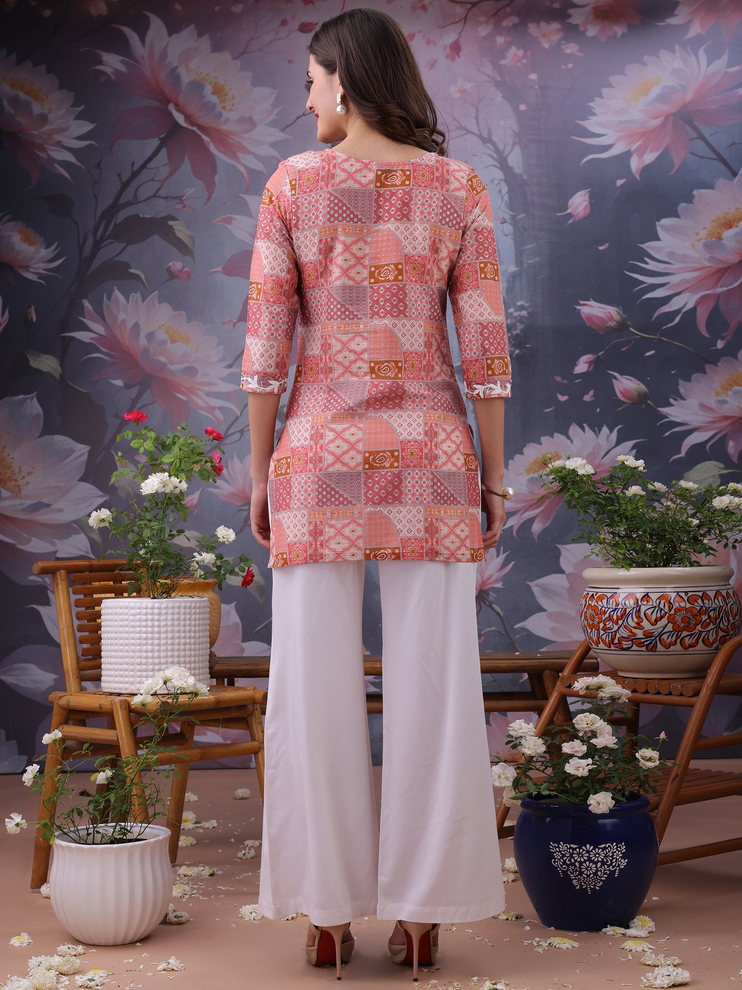 Floral Printed Notch Neck Chikankari Pure Cotton Straight Kurti