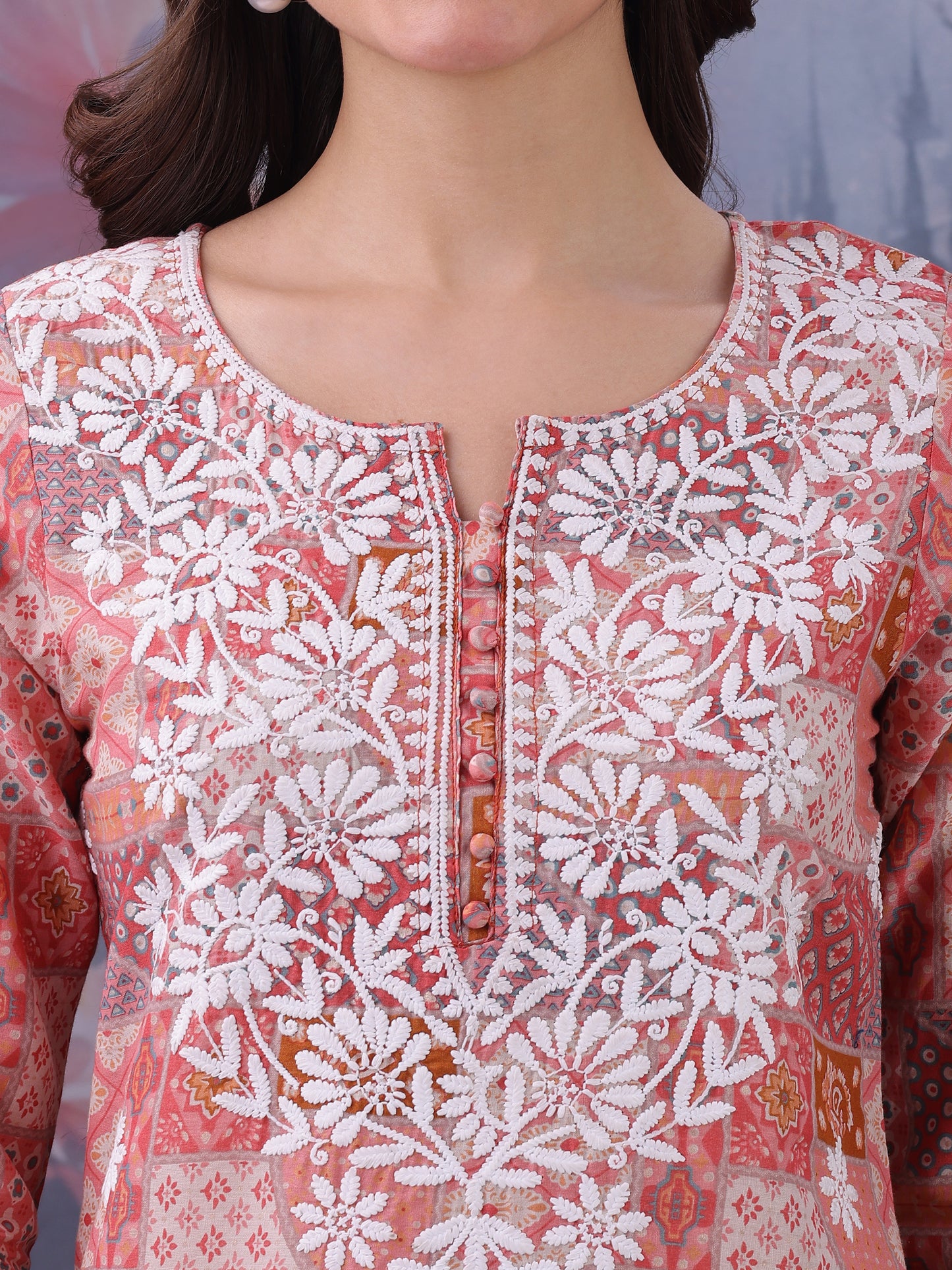 Floral Printed Notch Neck Chikankari Pure Cotton Straight Kurti