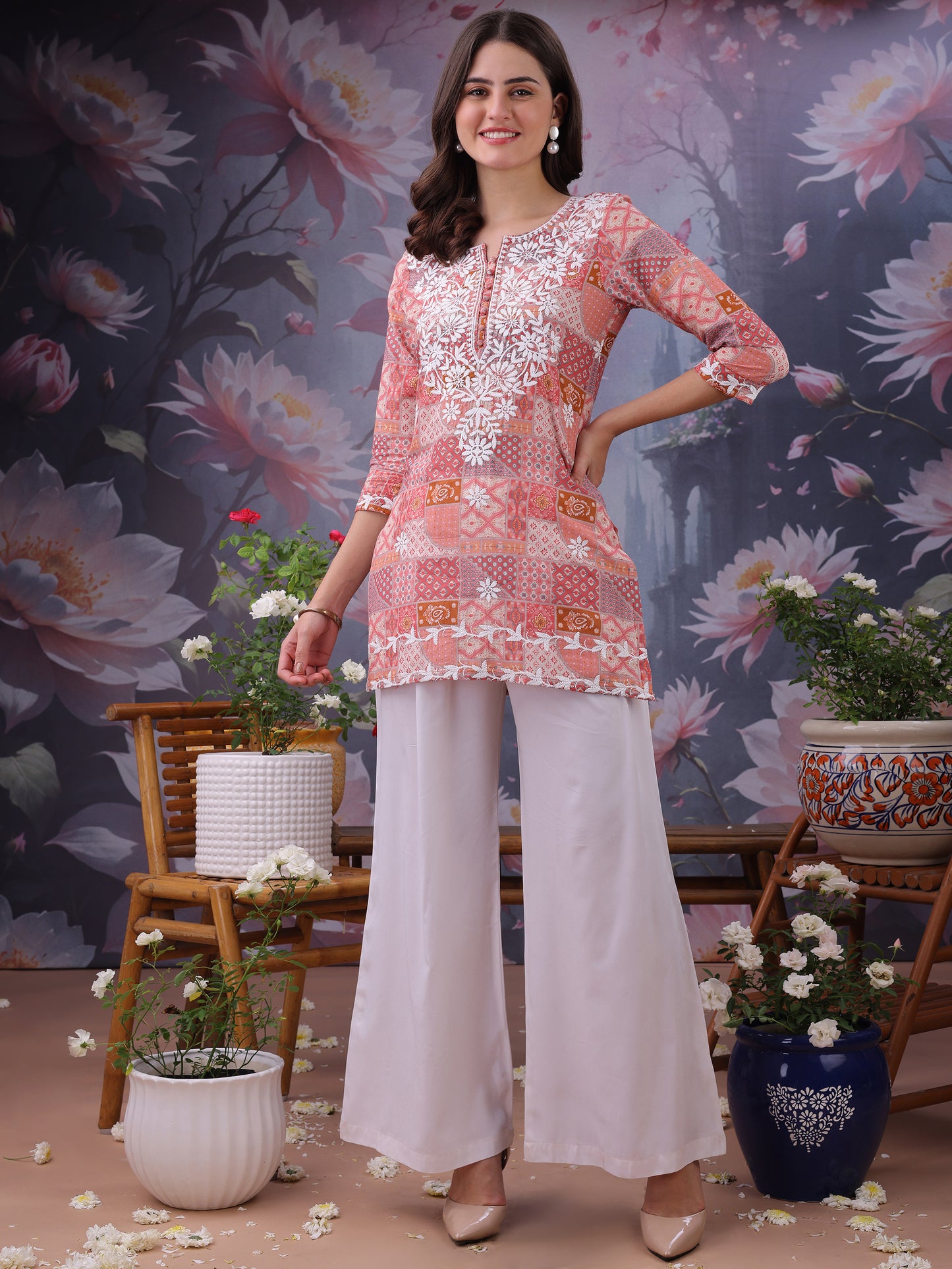 Floral Printed Notch Neck Chikankari Pure Cotton Straight Kurti