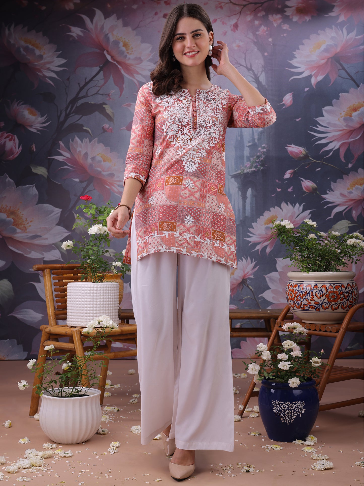 Floral Printed Notch Neck Chikankari Pure Cotton Straight Kurti
