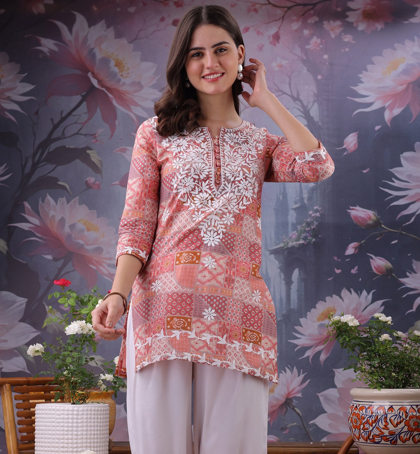 Floral Printed Notch Neck Chikankari Pure Cotton Straight Kurti
