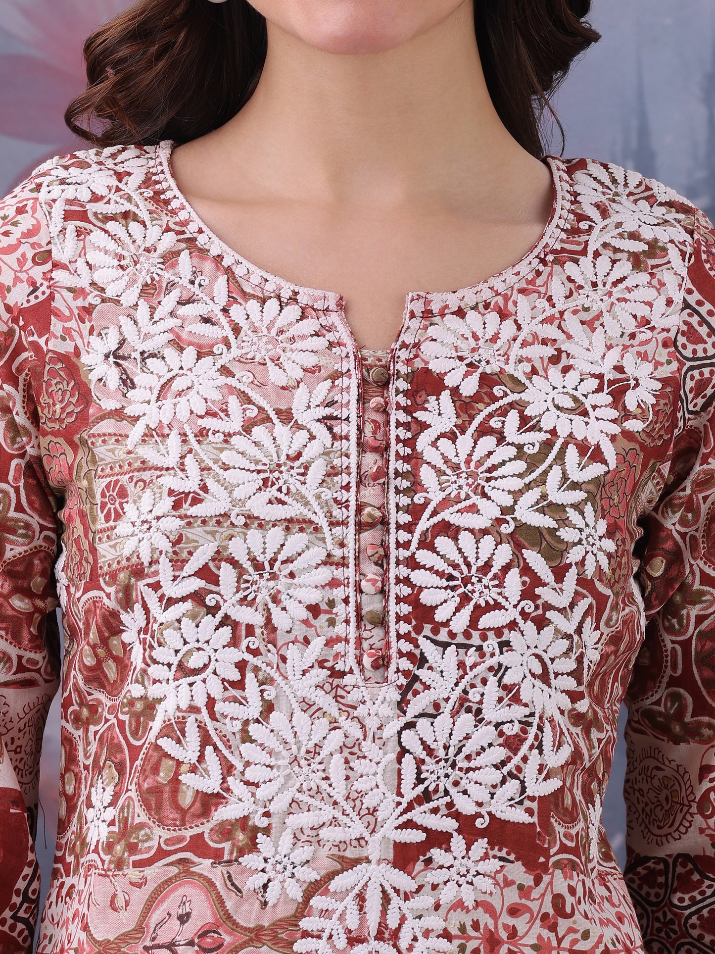 Floral Printed Notch Neck Chikankari Pure Cotton Straight Kurti