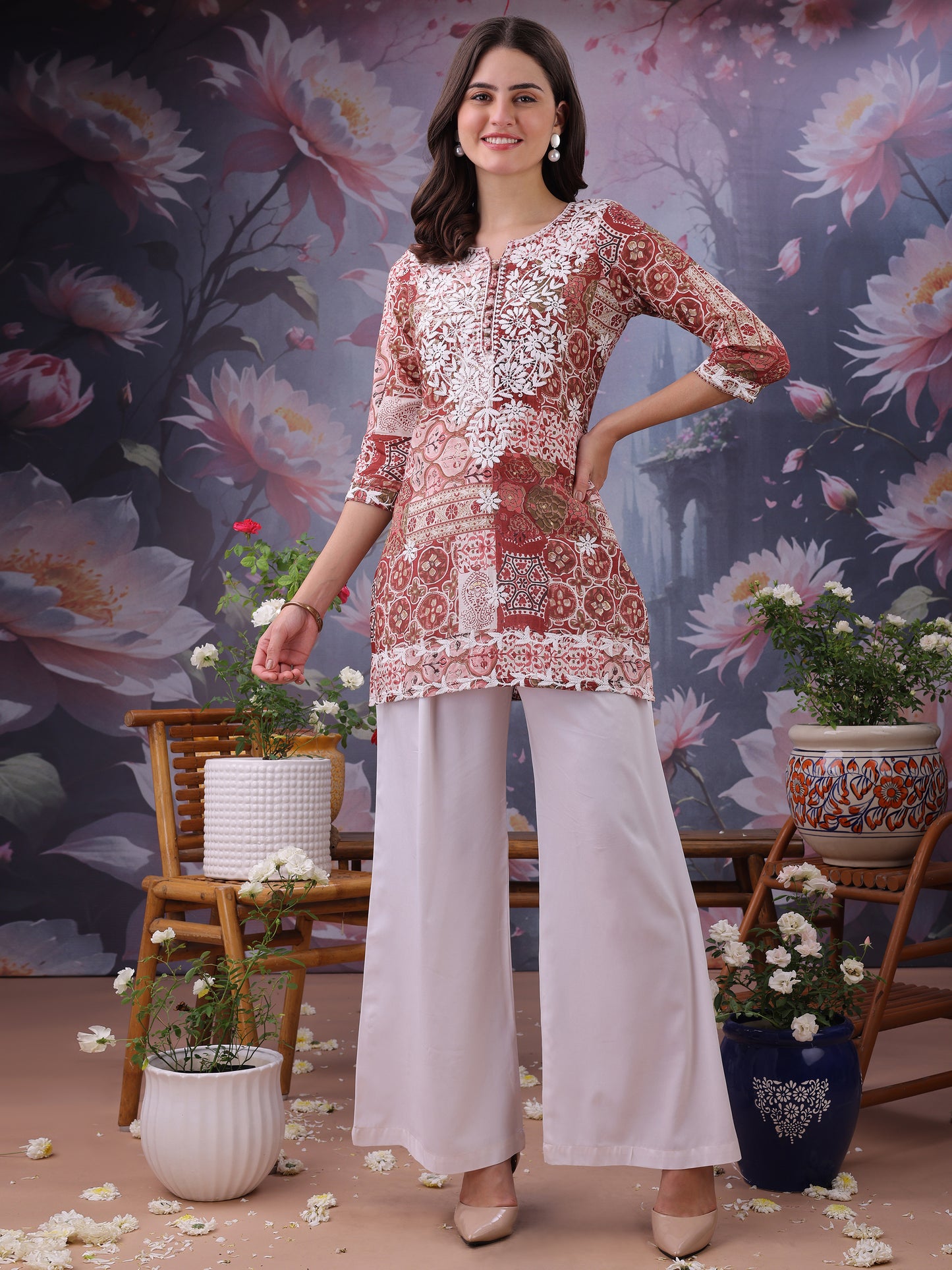 Floral Printed Notch Neck Chikankari Pure Cotton Straight Kurti