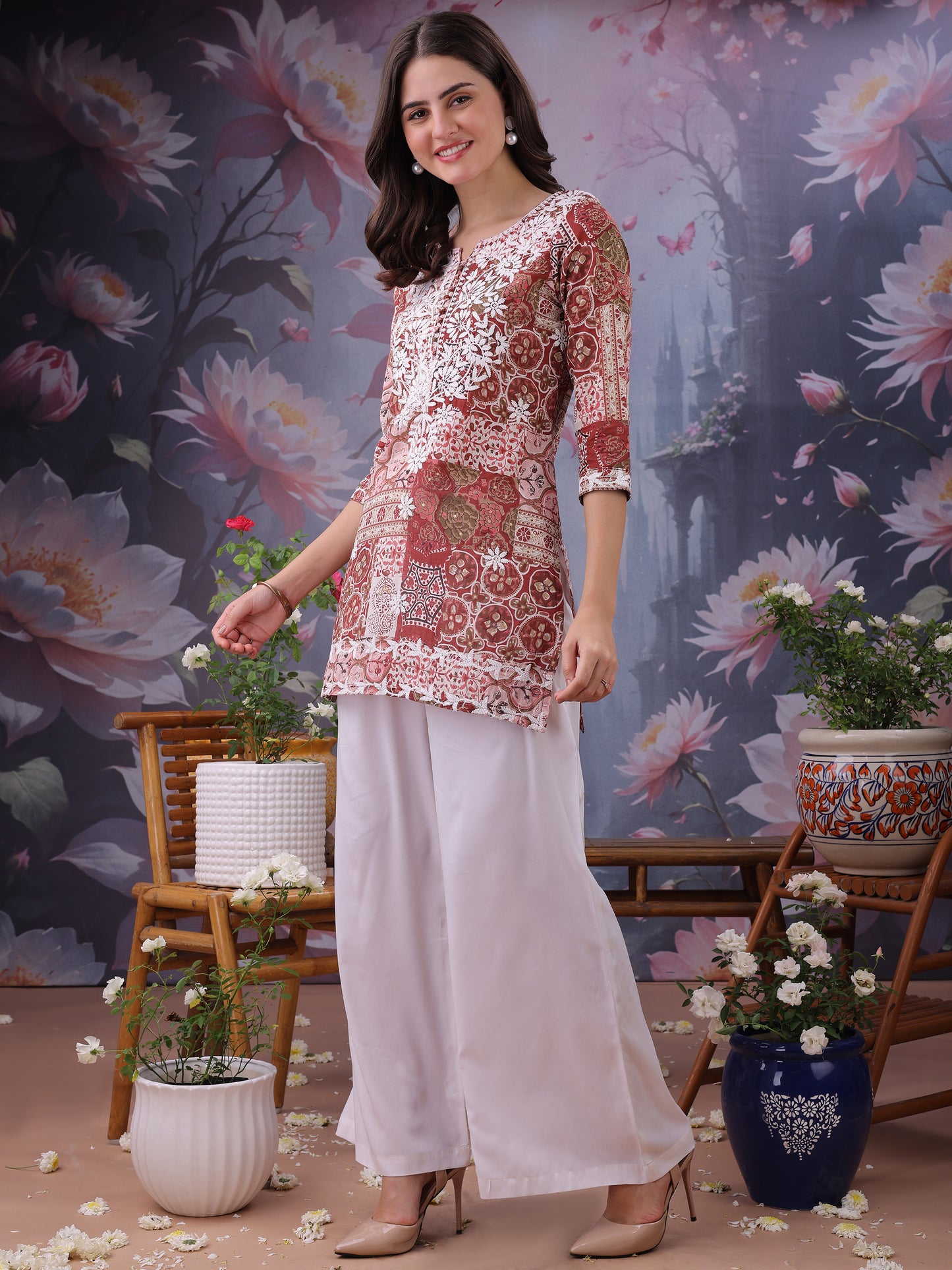 Floral Printed Notch Neck Chikankari Pure Cotton Straight Kurti