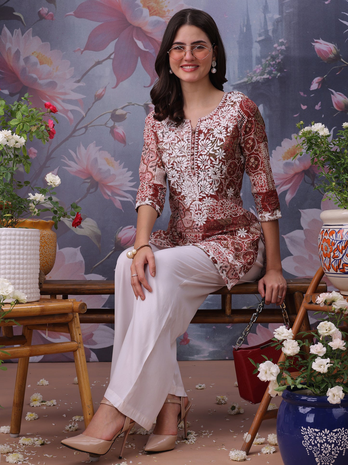 Floral Printed Notch Neck Chikankari Pure Cotton Straight Kurti