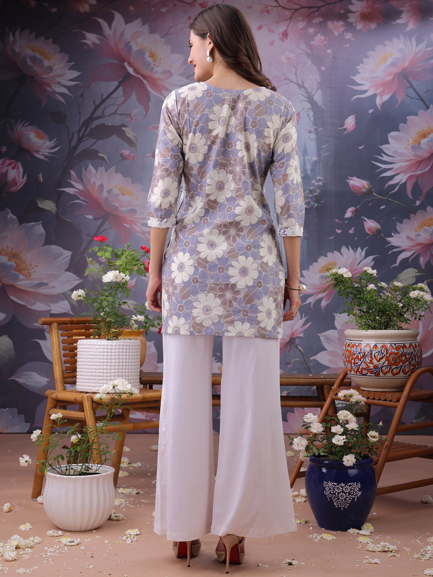 Floral Printed Notch Neck Chikankari Pure Cotton Straight Kurti