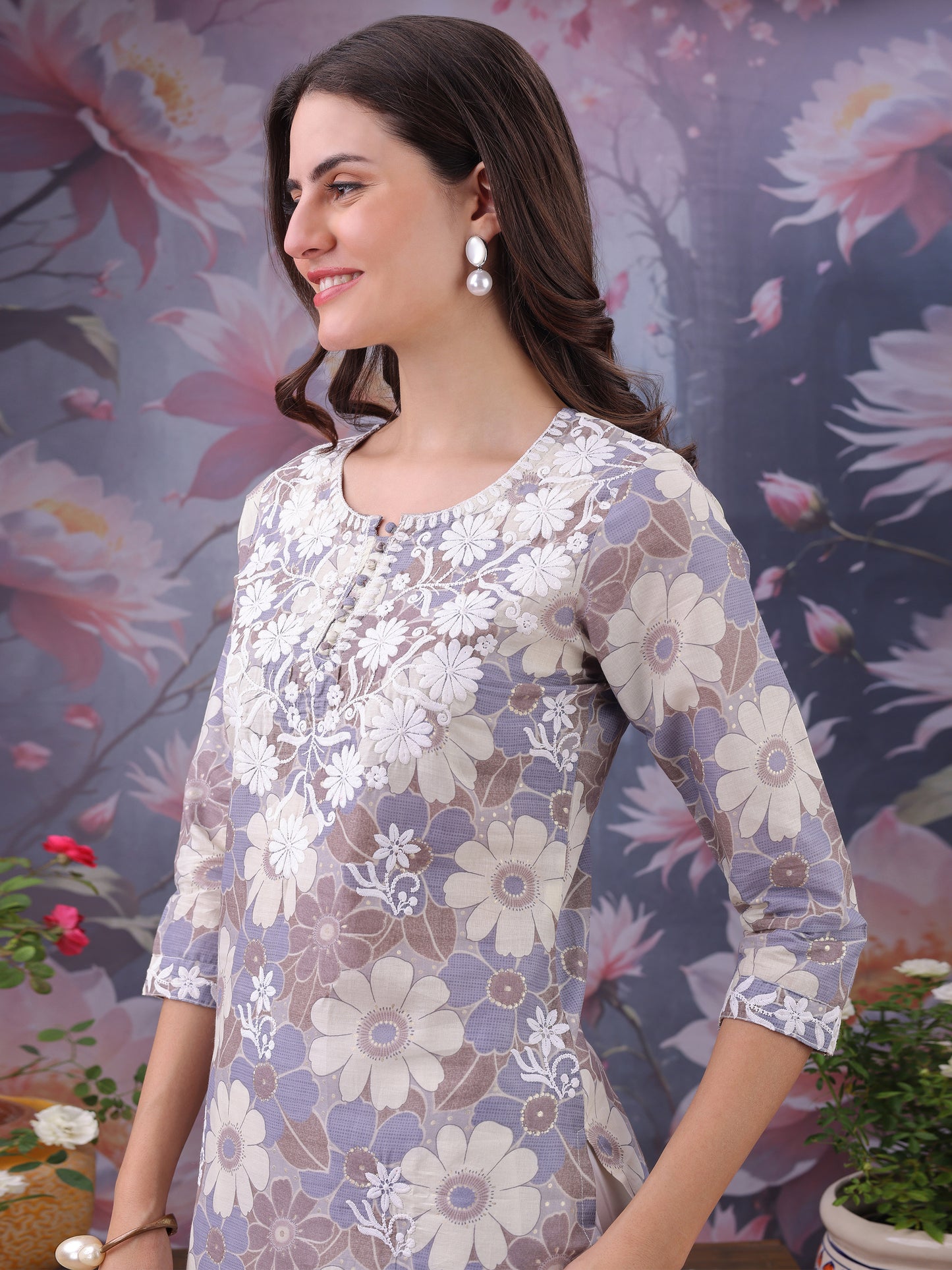 Floral Printed Notch Neck Chikankari Pure Cotton Straight Kurti