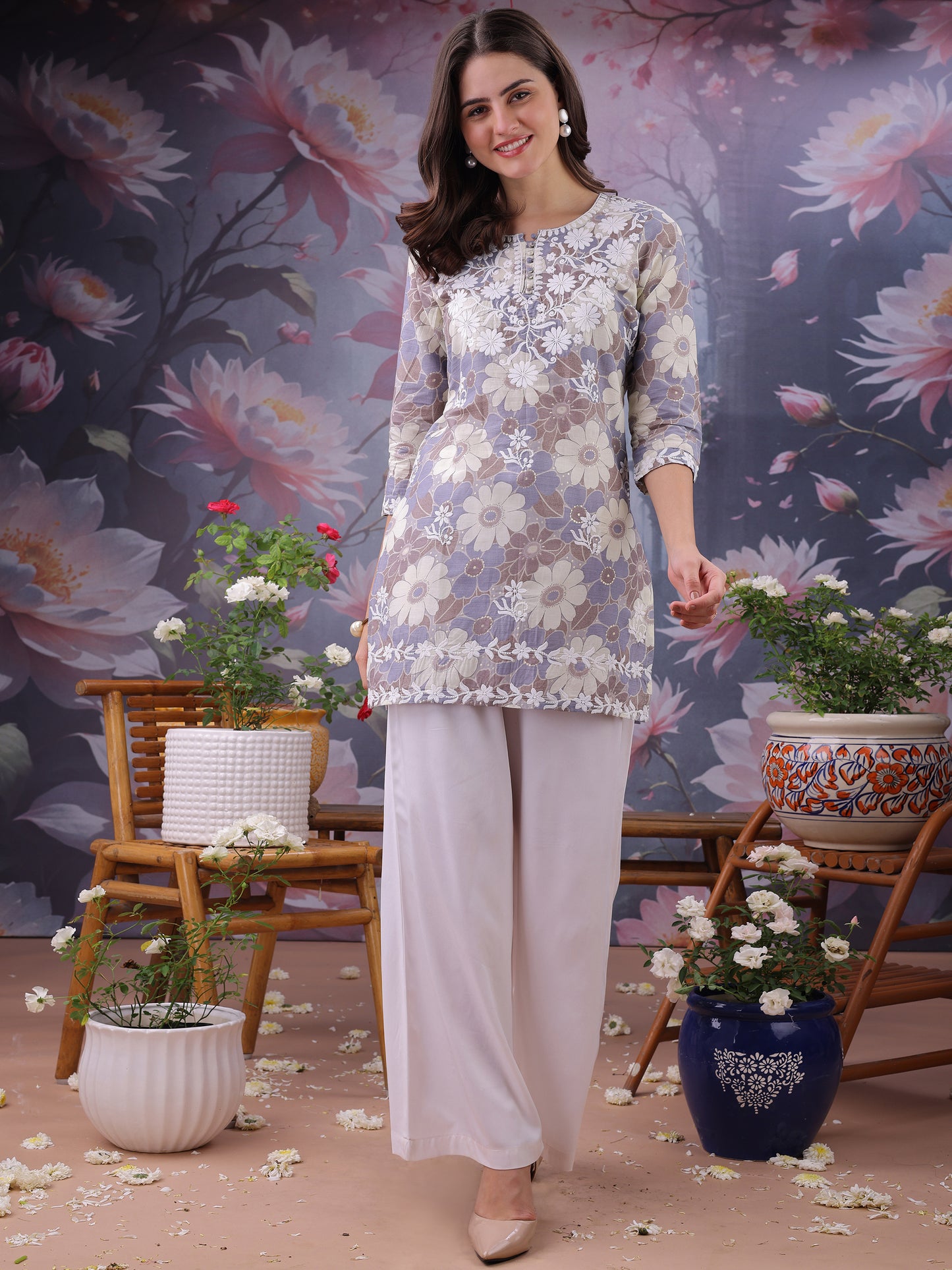 Floral Printed Notch Neck Chikankari Pure Cotton Straight Kurti