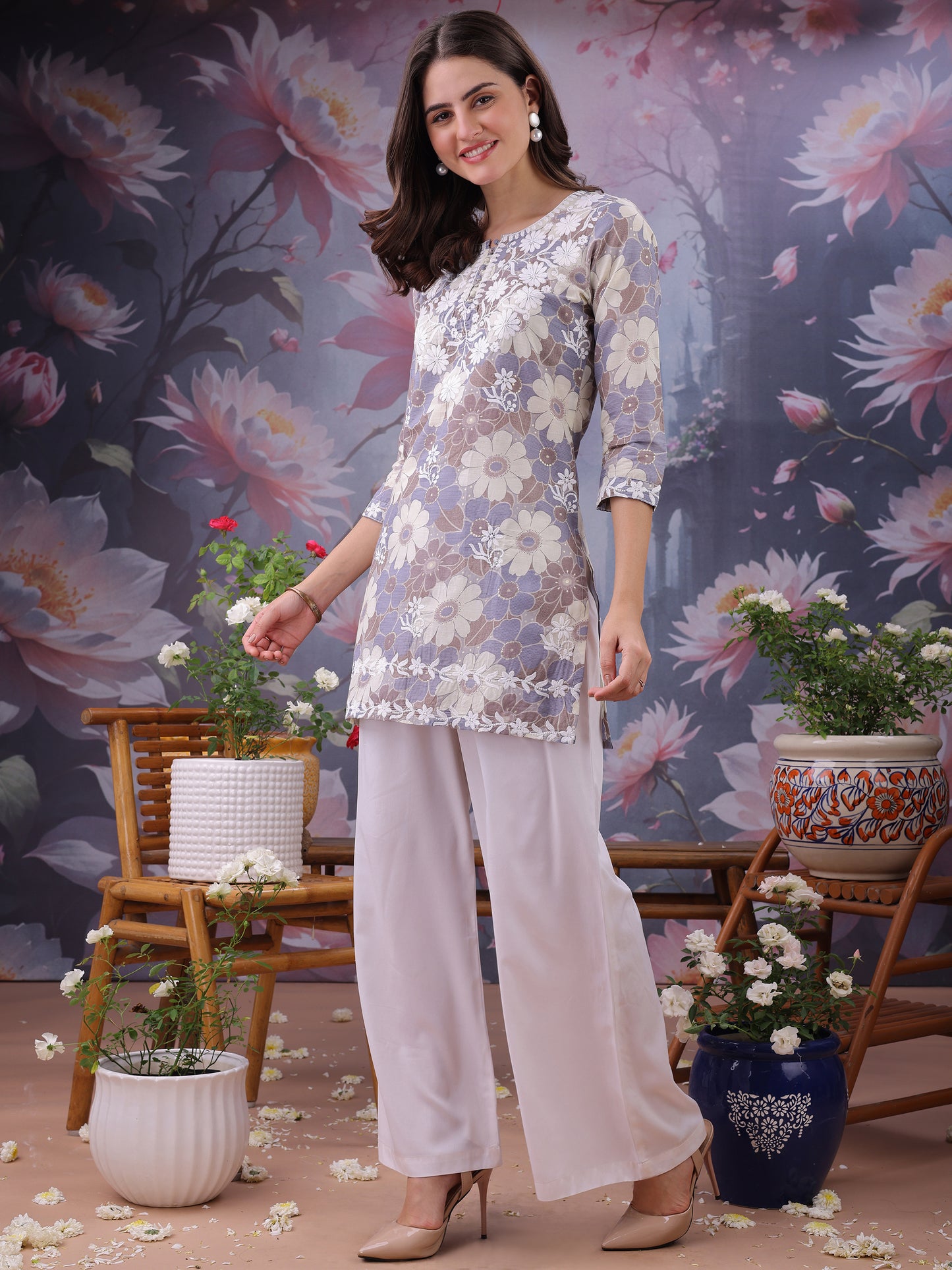 Floral Printed Notch Neck Chikankari Pure Cotton Straight Kurti