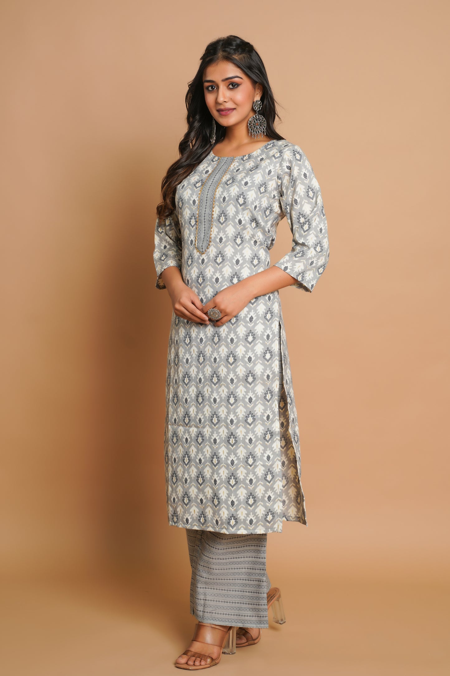 Elegant Grey Printed Kurta Set for Women | Sitaram Designer Ethnic Wear