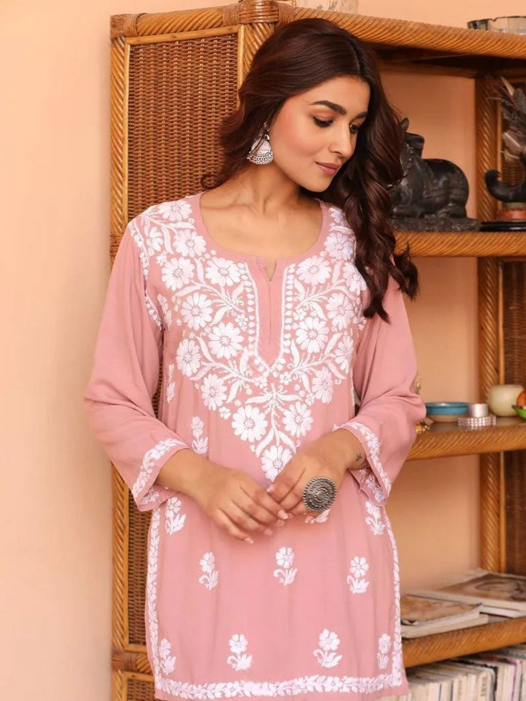 Peach Solid Round Neck Chikankari Pure Cotton Straight Kurti