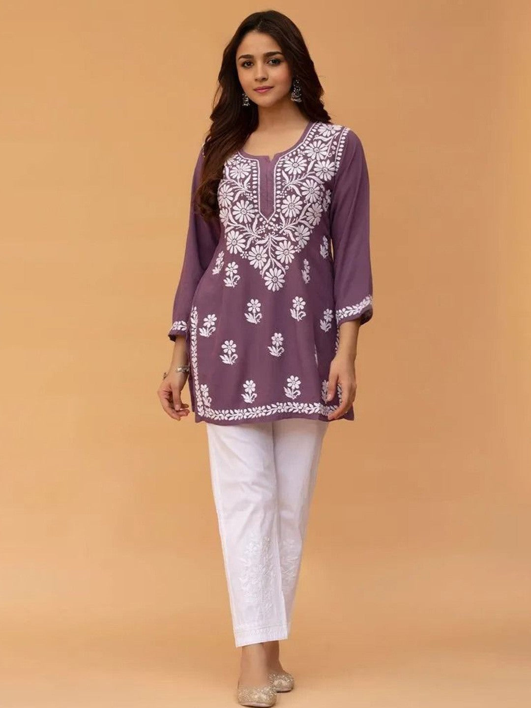 Purple Solid Round Neck Chikankari Pure Cotton Straight Kurti