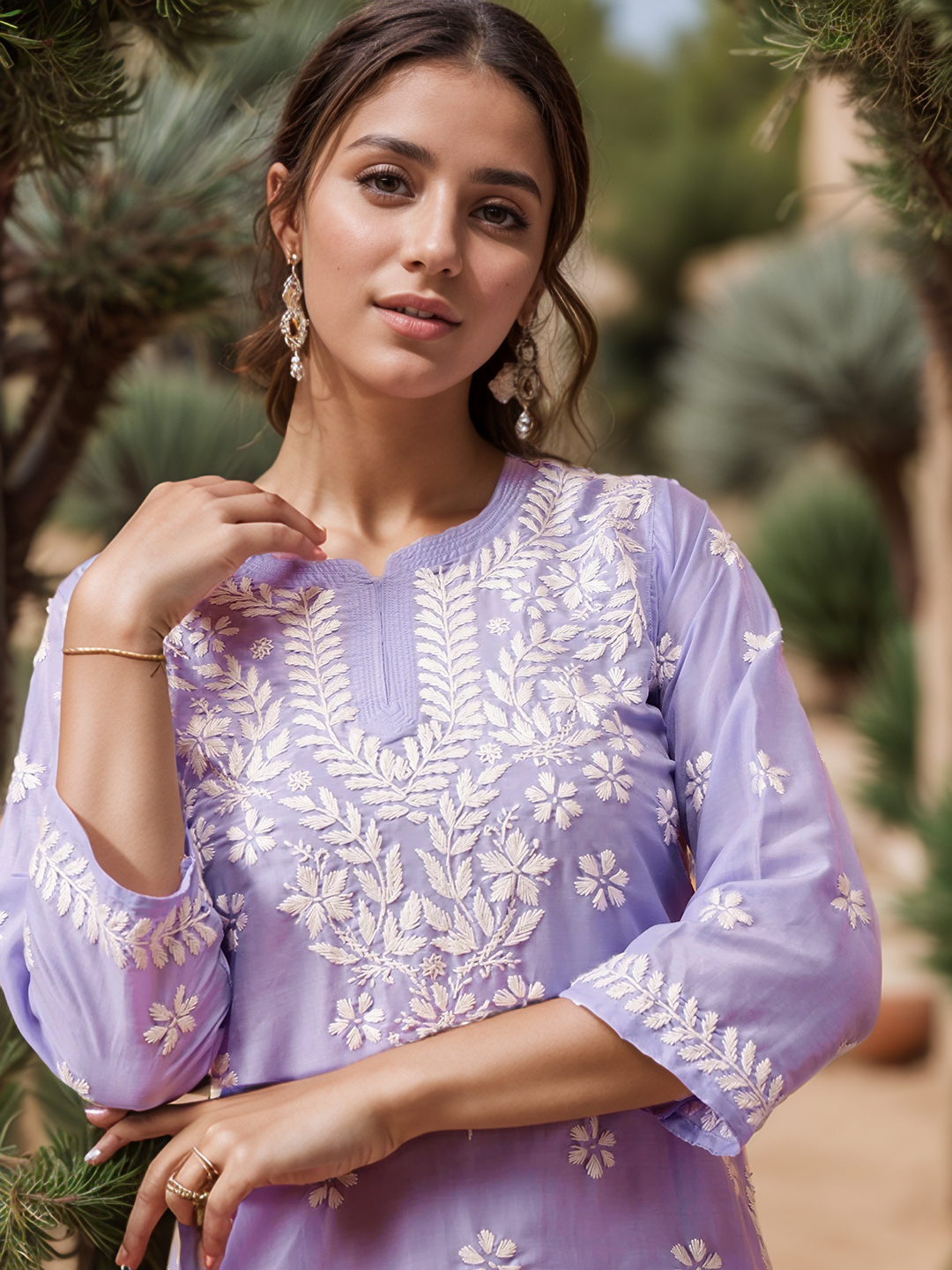 Purple Solid Round Neck Chikankari Pure Cotton Straight Kurti