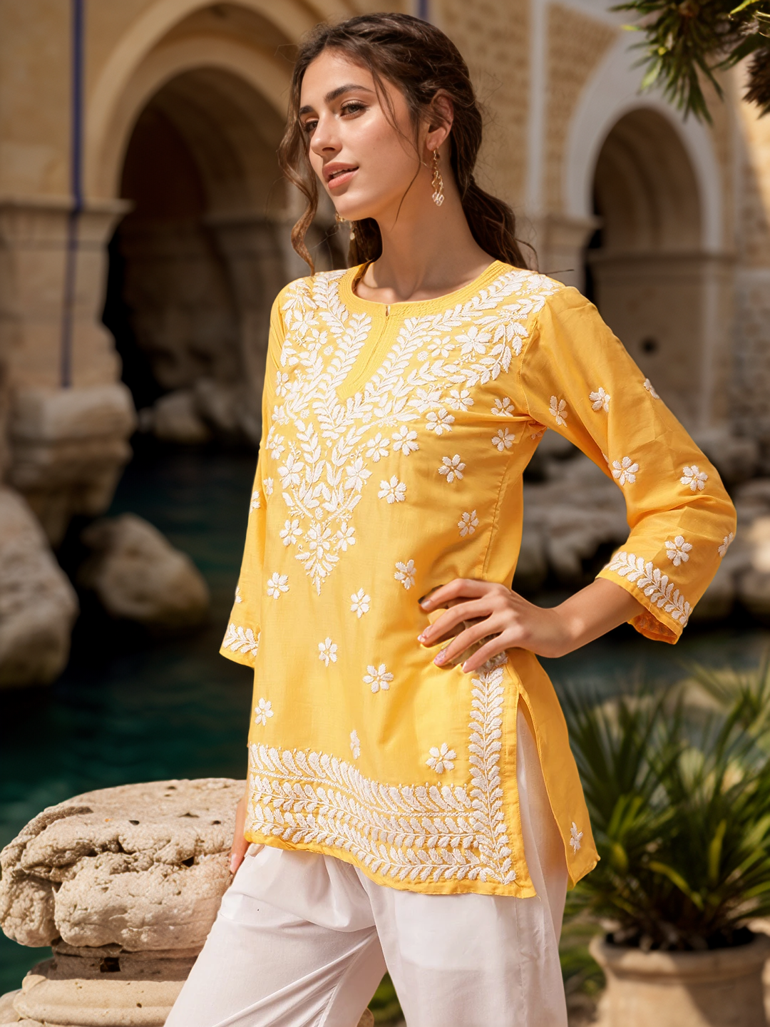 Yellow Solid Round Neck Chikankari Pure Cotton Straight Kurti