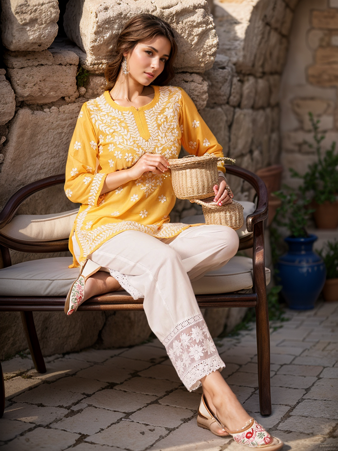 Yellow Solid Round Neck Chikankari Pure Cotton Straight Kurti