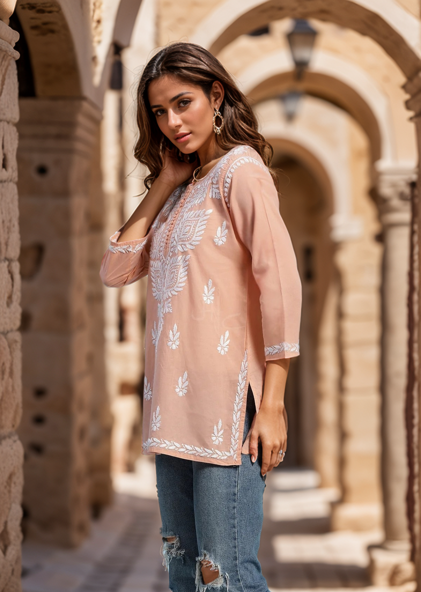 Peach Solid Round Neck Chikankari Pure Cotton Straight Kurti