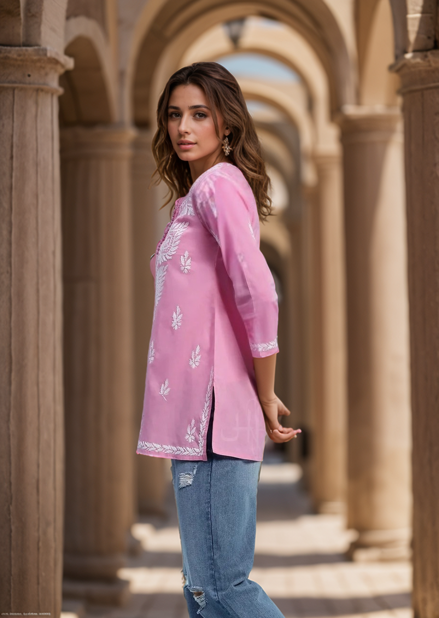Pink Solid Round Neck Chikankari Pure Cotton Straight Kurti