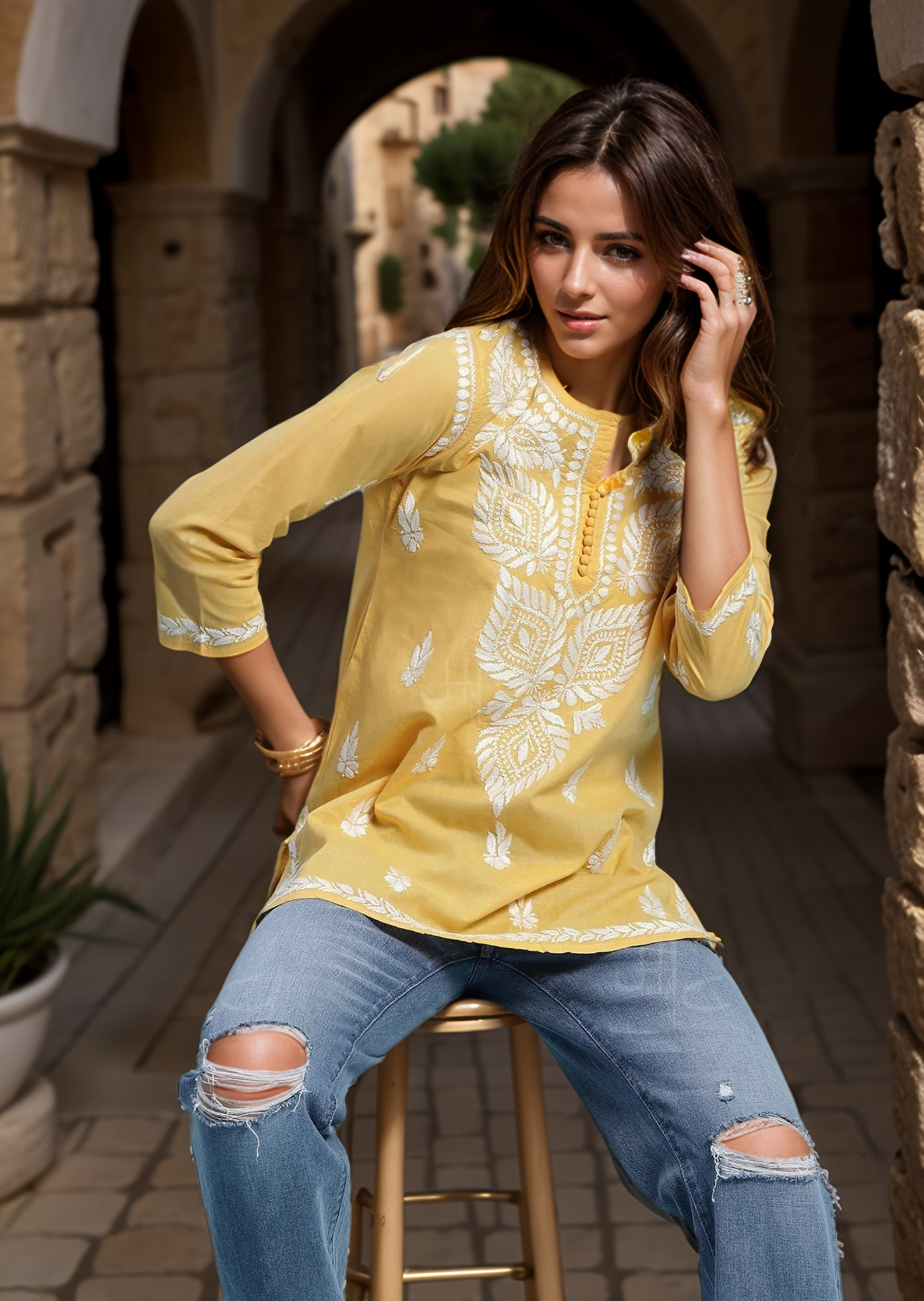 Yellow Solid Round Neck Chikankari Pure Cotton Straight Kurti