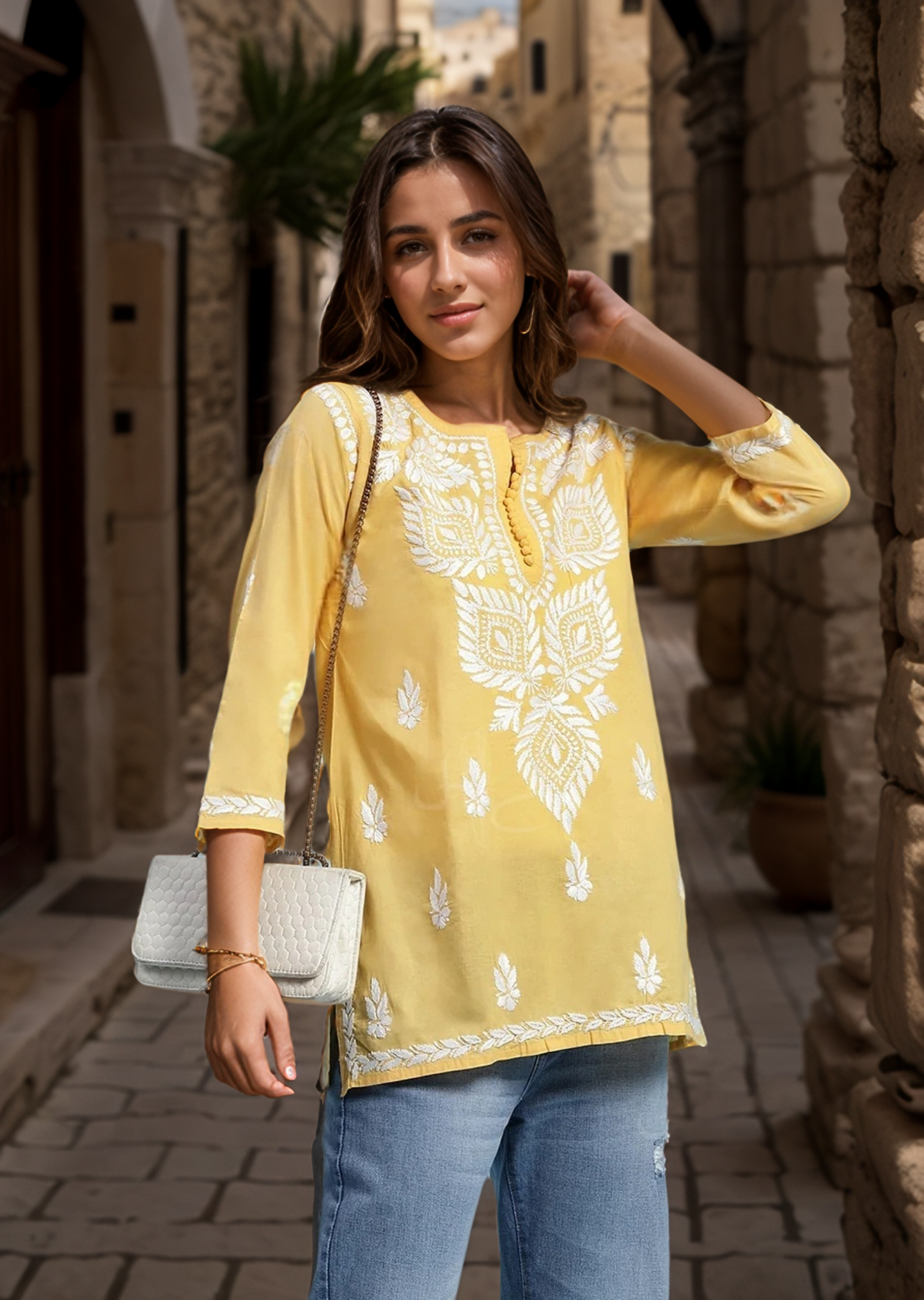 Yellow Solid Round Neck Chikankari Pure Cotton Straight Kurti