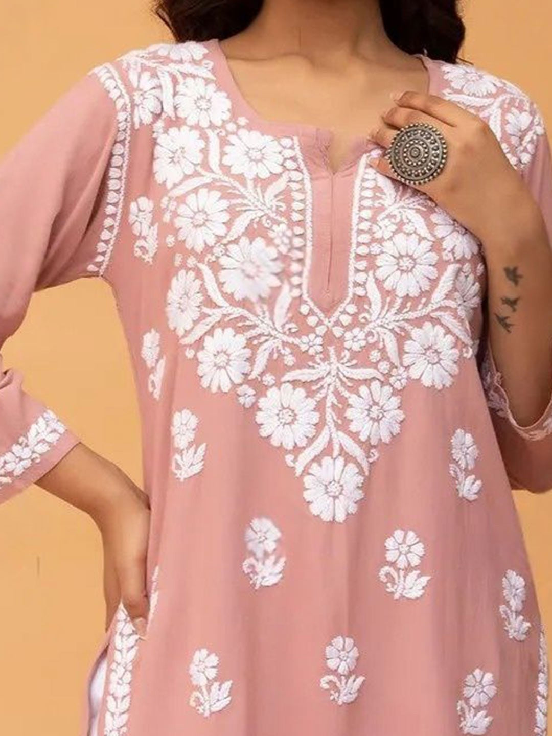 Peach Solid Round Neck Chikankari Pure Cotton Straight Kurti