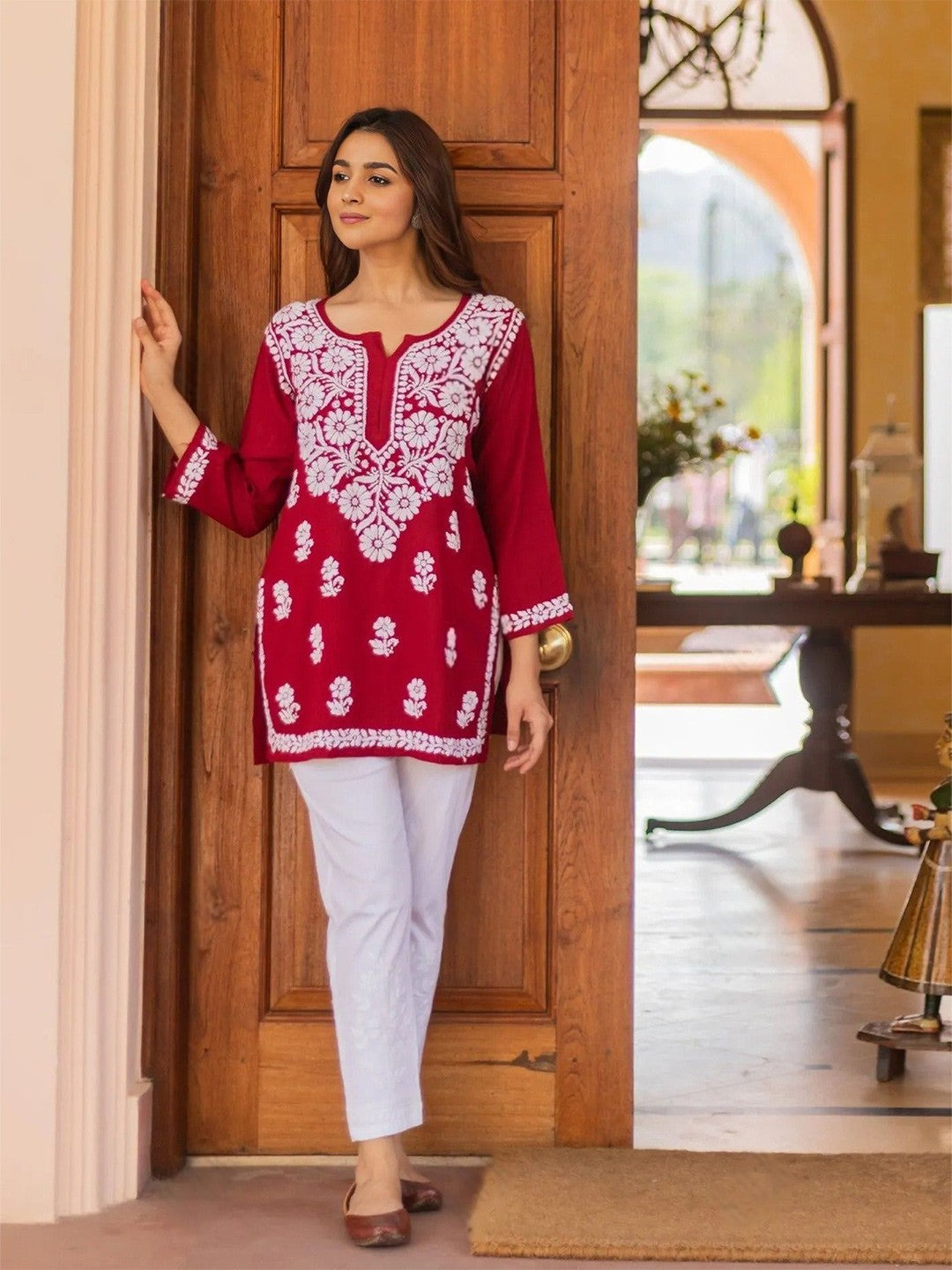 Red Solid Round Neck Chikankari Pure Cotton Straight Kurti