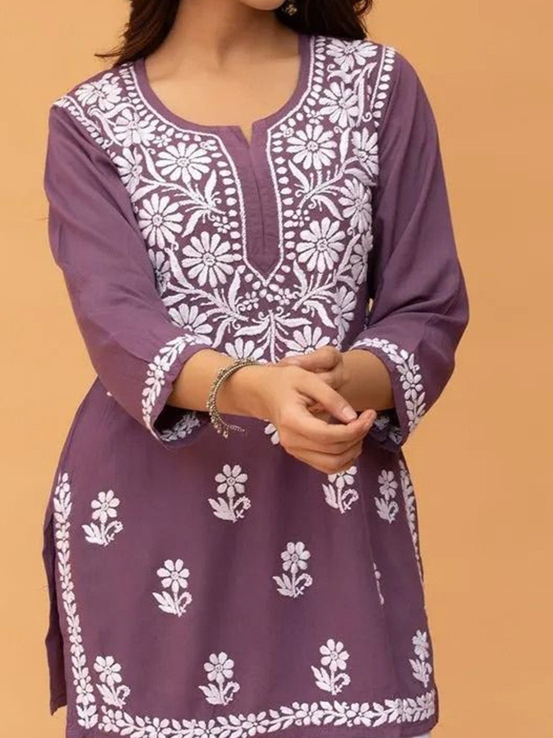 Purple Solid Round Neck Chikankari Pure Cotton Straight Kurti