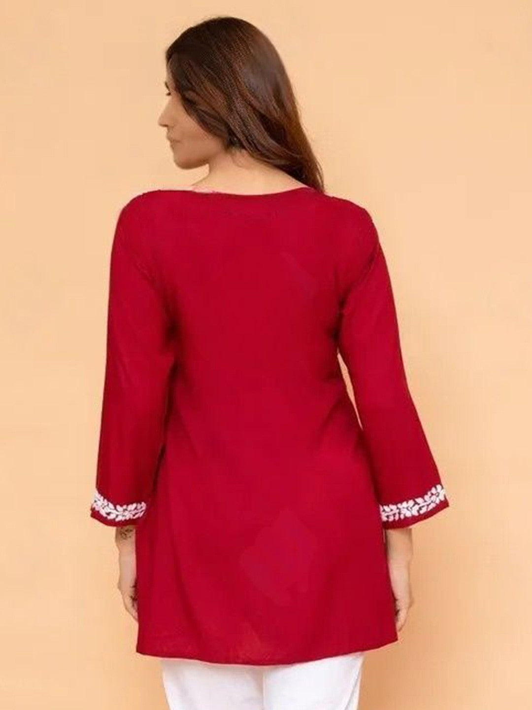 Red Solid Round Neck Chikankari Pure Cotton Straight Kurti