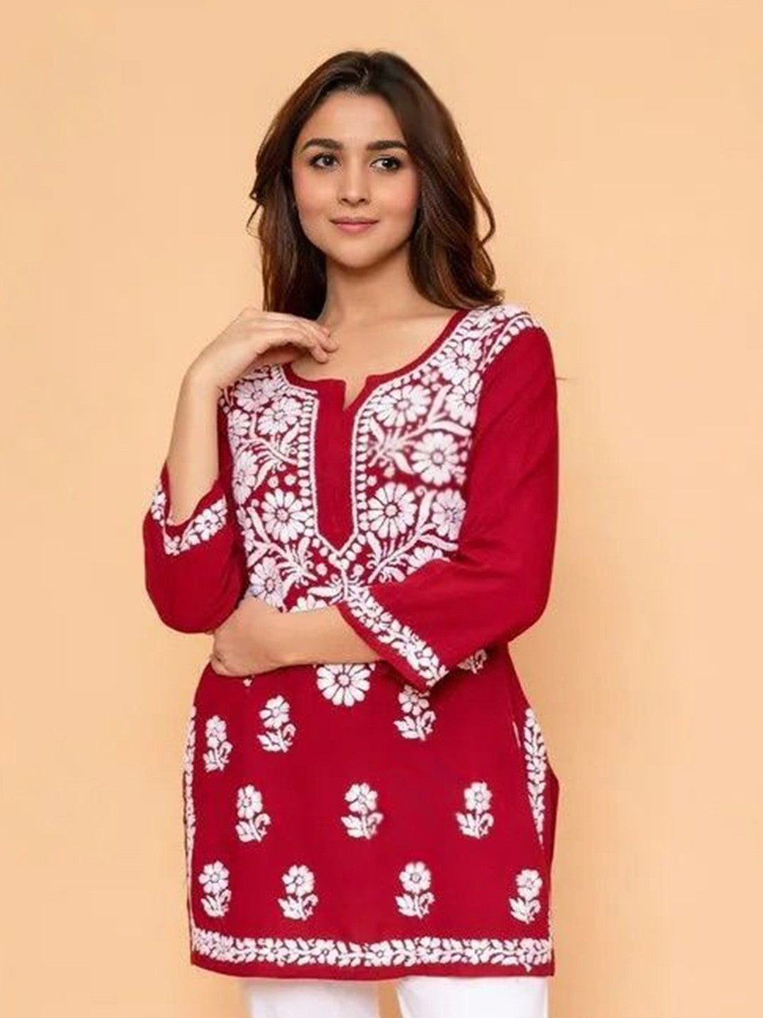 Red Solid Round Neck Chikankari Pure Cotton Straight Kurti