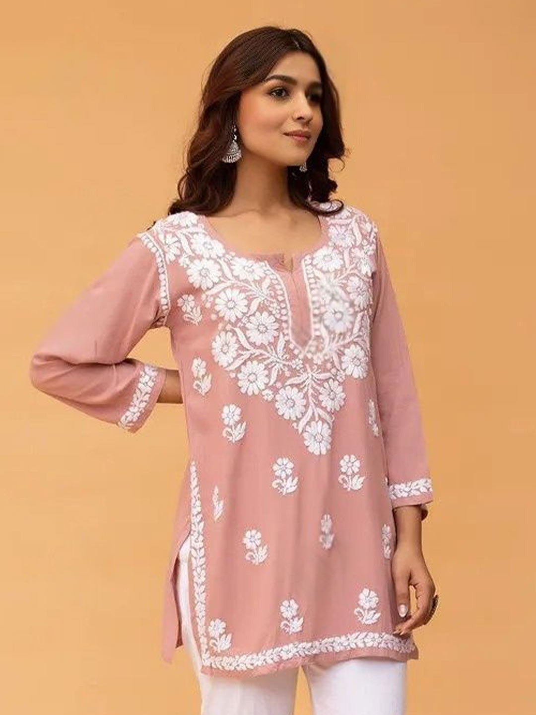 Peach Solid Round Neck Chikankari Pure Cotton Straight Kurti