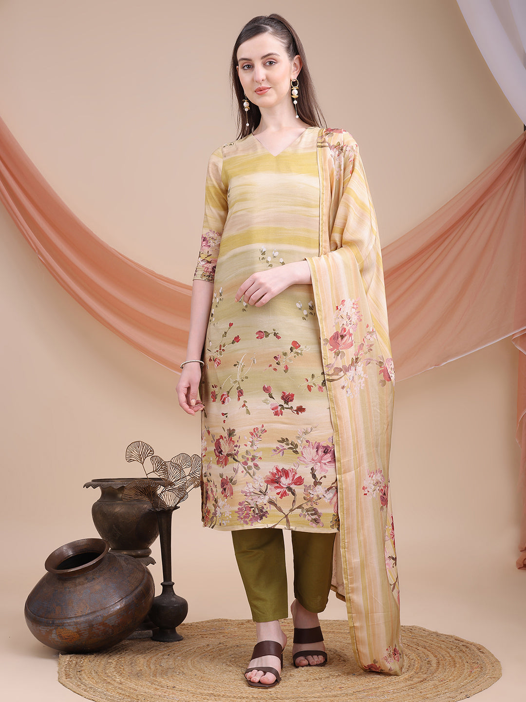 Mustard Printed Muslin Kurta Set with Dupatta | Sitaram Designer Ethnic Wear for Women
