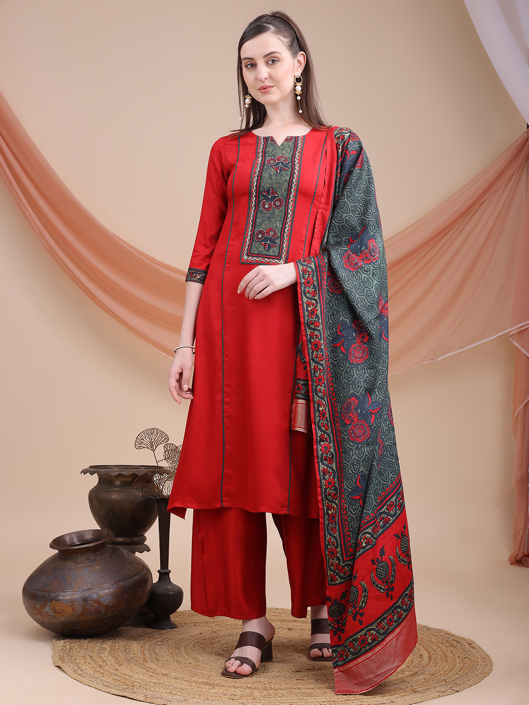 Maroon Printed Cotton Kurta Set with Dupatta | Sitaram Designer Ethnic Wear for Women