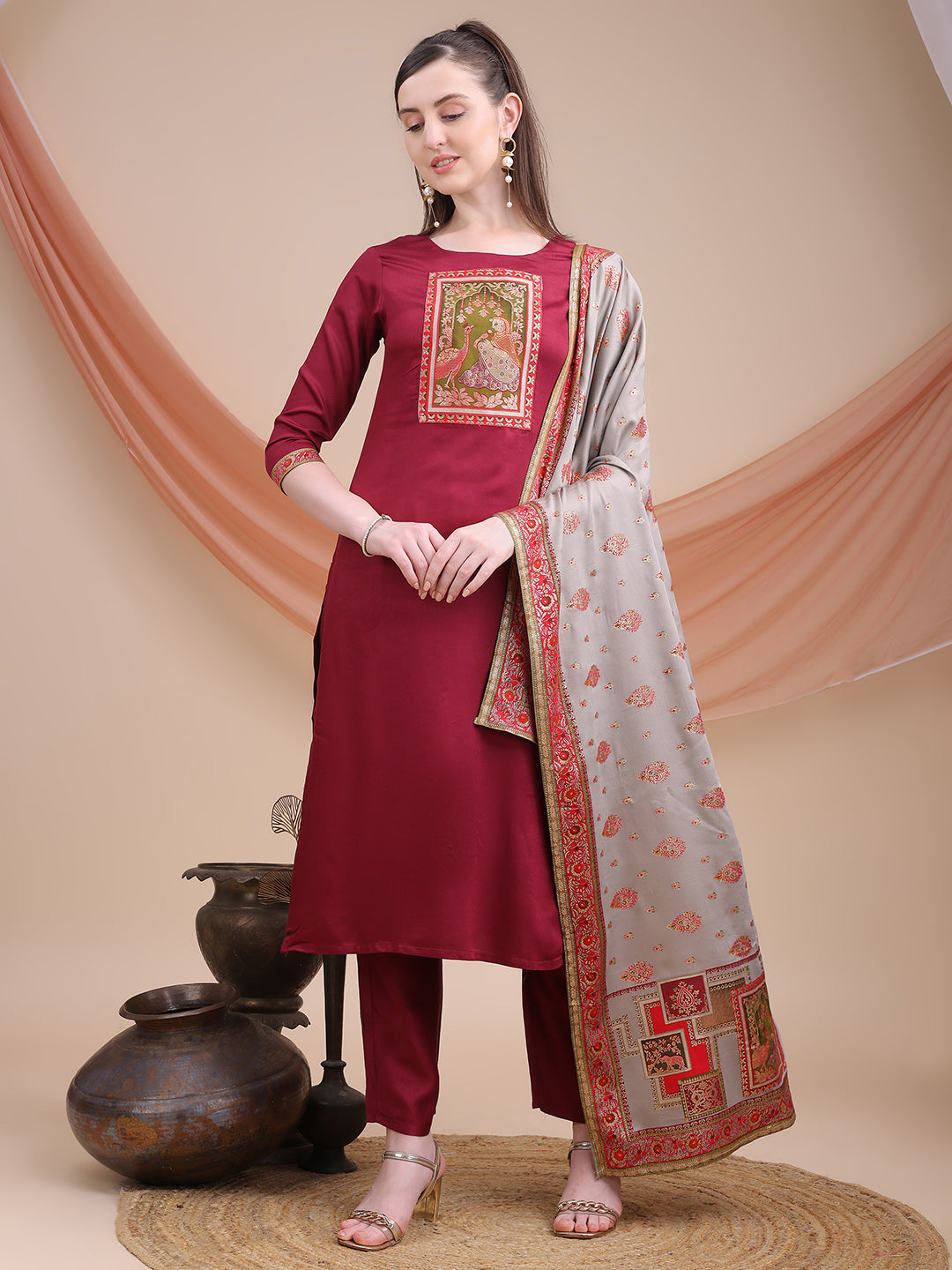Wine Printed Cotton Kurta Set with Dupatta | Sitaram Designer Ethnic Wear for Women