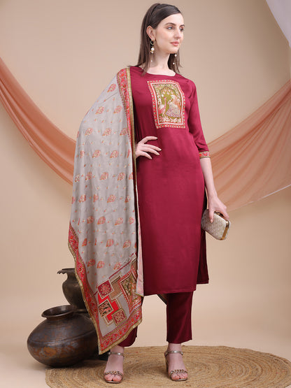 Wine Printed Cotton Kurta Set with Dupatta | Sitaram Designer Ethnic Wear for Women