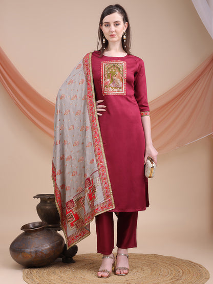 Wine Printed Cotton Kurta Set with Dupatta | Sitaram Designer Ethnic Wear for Women