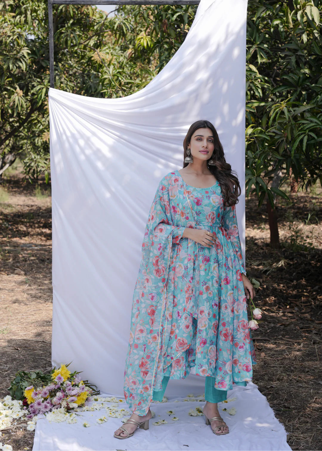 Turquoise Anarkali Ethnic Floral Print Kurta & Trousers With Dupatta