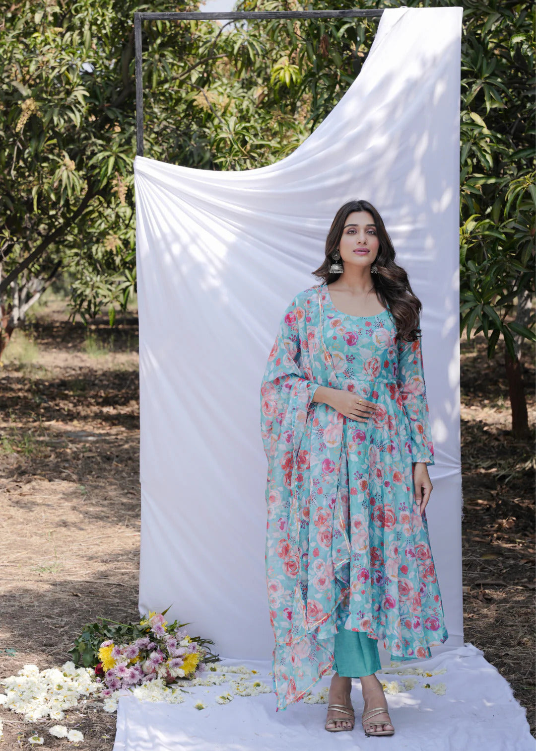 Turquoise Anarkali Ethnic Floral Print Kurta & Trousers With Dupatta