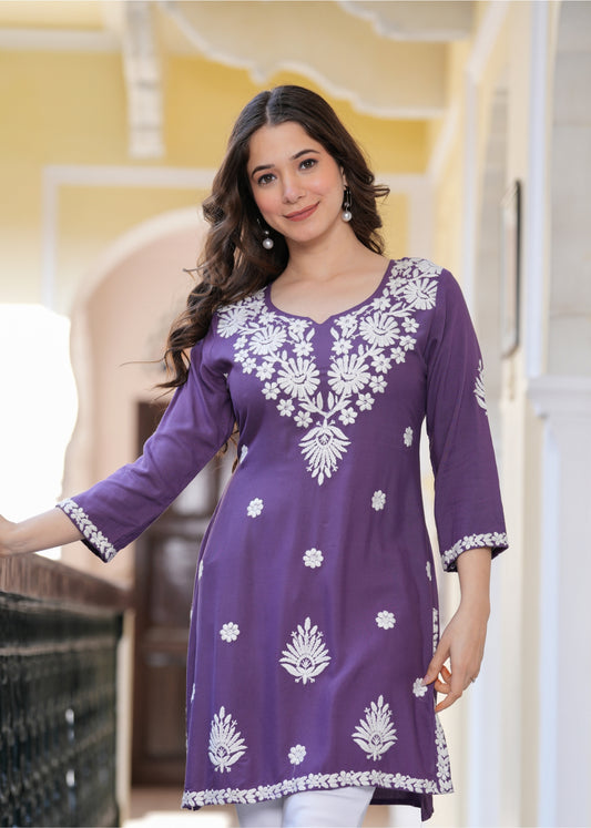 Purple Solid Round Neck Chikankari Pure Cotton Straight Kurti