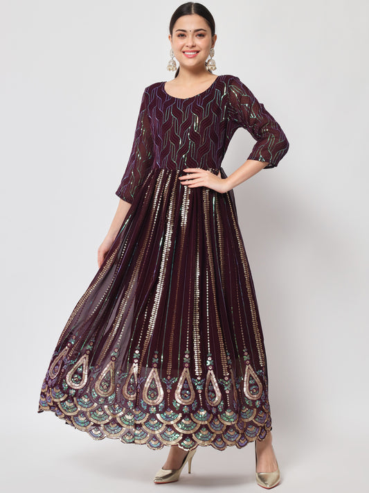 Wine Sequin Embellished Anarkali Gown in Georgette Fabric