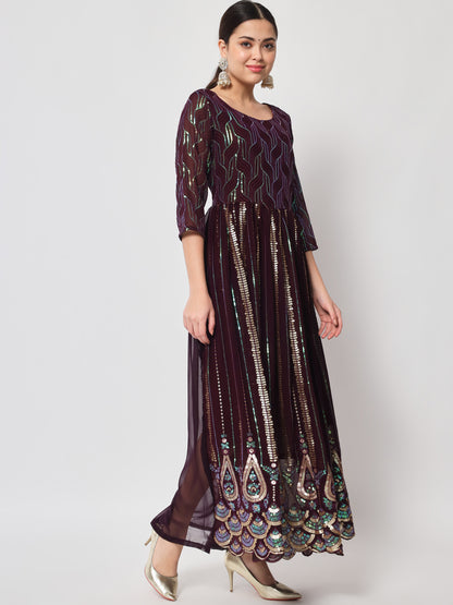 Wine Sequin Embellished Anarkali Gown in Georgette Fabric