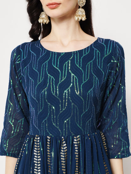 Teal Sequin Embellished Anarkali Gown in Georgette Fabric