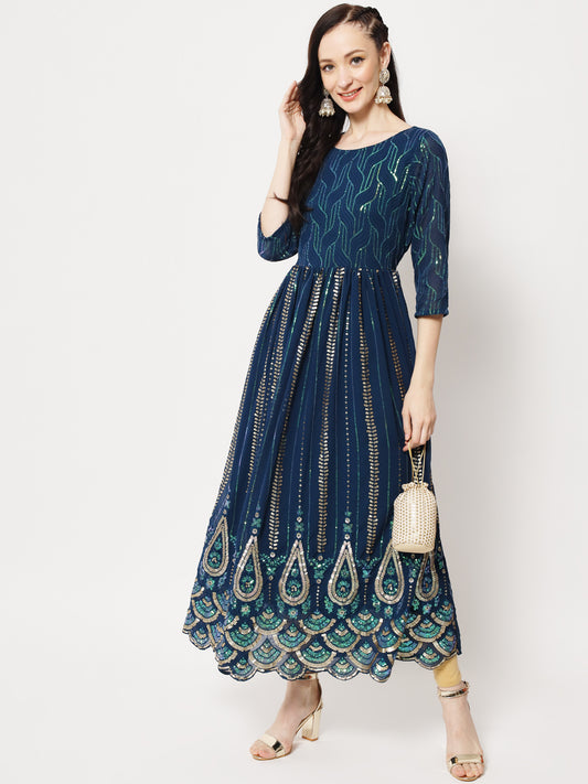 Teal Sequin Embellished Anarkali Gown in Georgette Fabric