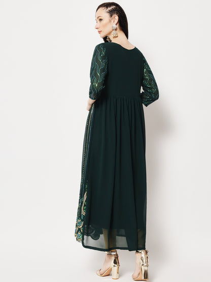Green Sequin Embellished Anarkali Gown in Georgette Fabric