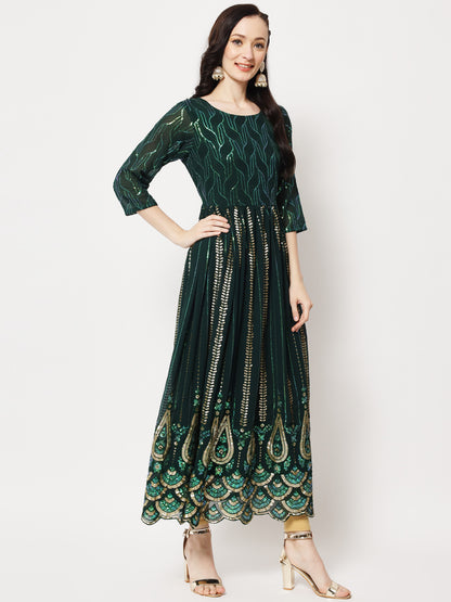 Green Sequin Embellished Anarkali Gown in Georgette Fabric