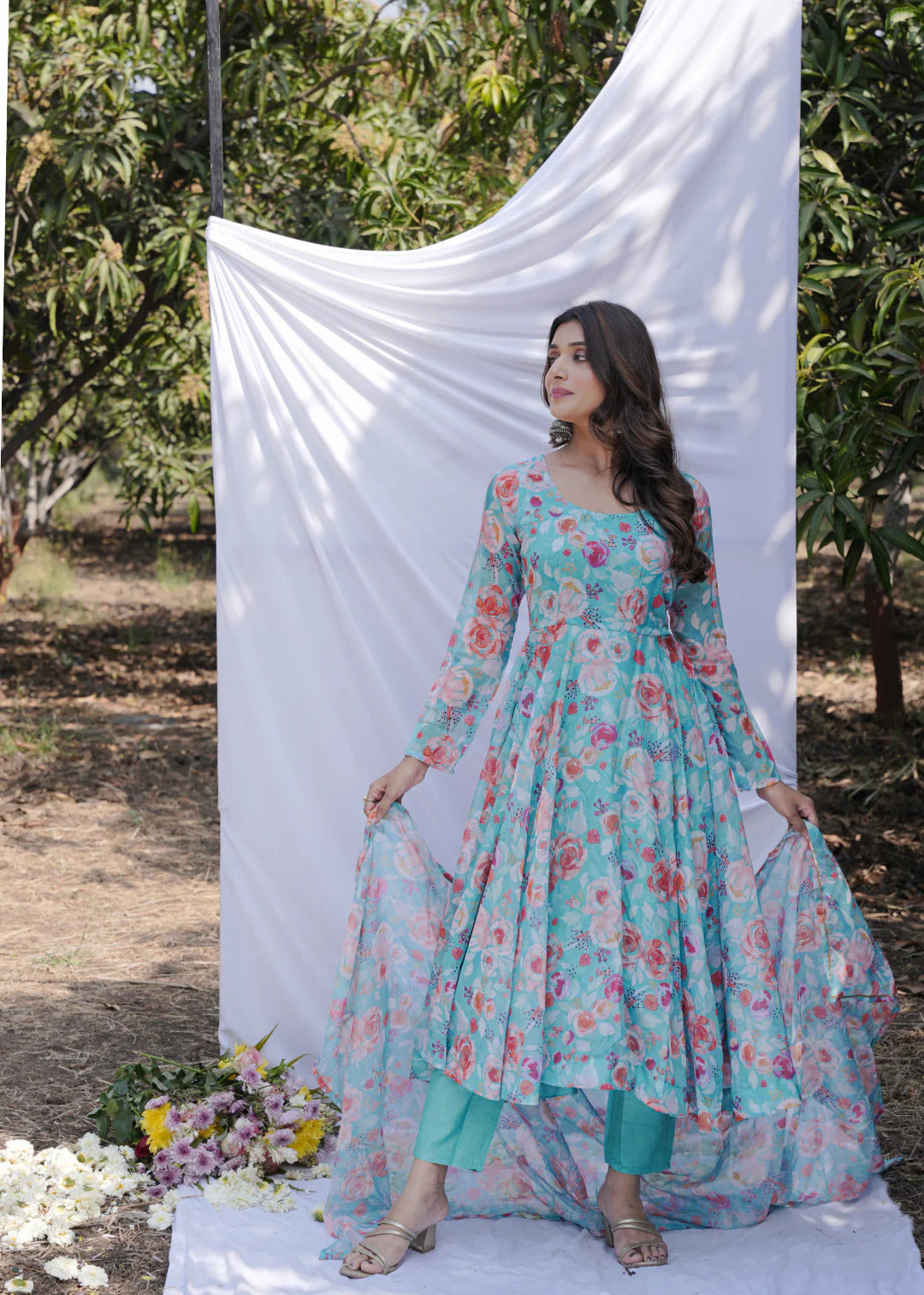 Turquoise Anarkali Ethnic Floral Print Kurta & Trousers With Dupatta