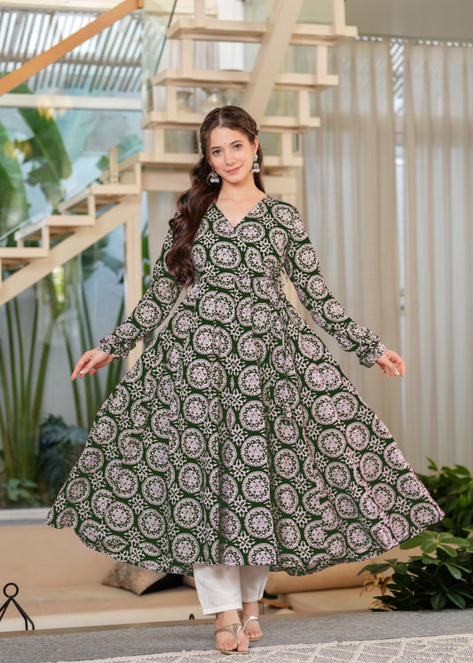 Green Cambric Cotton Ethnic Motif Anarkali Kurta With Palazzo Set