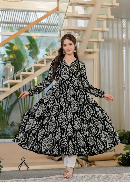Black Cotton Ikat Anarkali Kurta With Palazzo Set