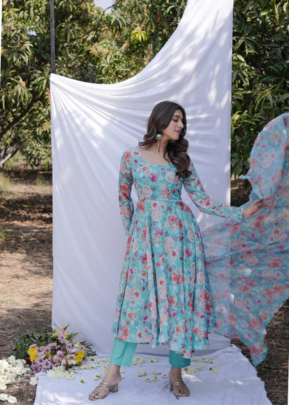 Turquoise Anarkali Ethnic Floral Print Kurta & Trousers With Dupatta