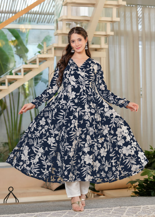 Blue Cambric Cotton Floral Print Anarkali Kurta With Palazzo Set