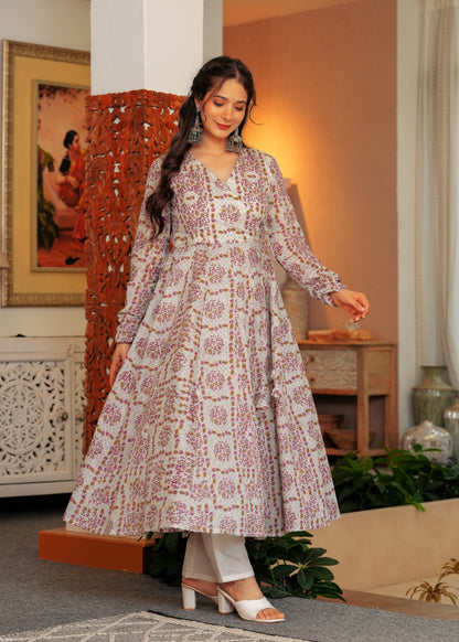 Peach Cambric Cotton Floral Print Anarkali Kurta With Palazzo Set
