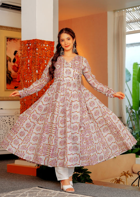 Peach Cambric Cotton Floral Print Anarkali Kurta With Palazzo Set